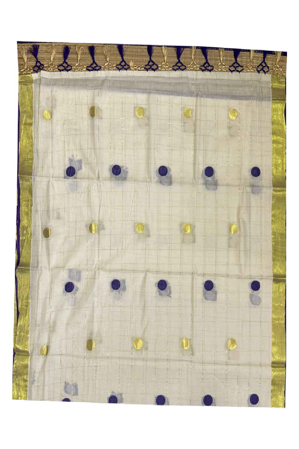 Southloom Blue and Golden Polka Dot Handloom Finish Kasavu Saree (Onam Saree 2023)