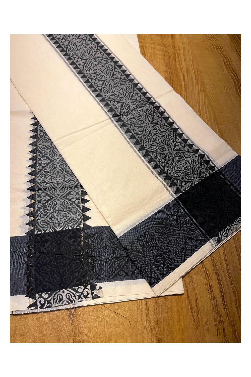 Kerala Cotton Single Set Mundu (Mundum Neriyathum) with Black  Temple Block printed  Border 2.80 mtr