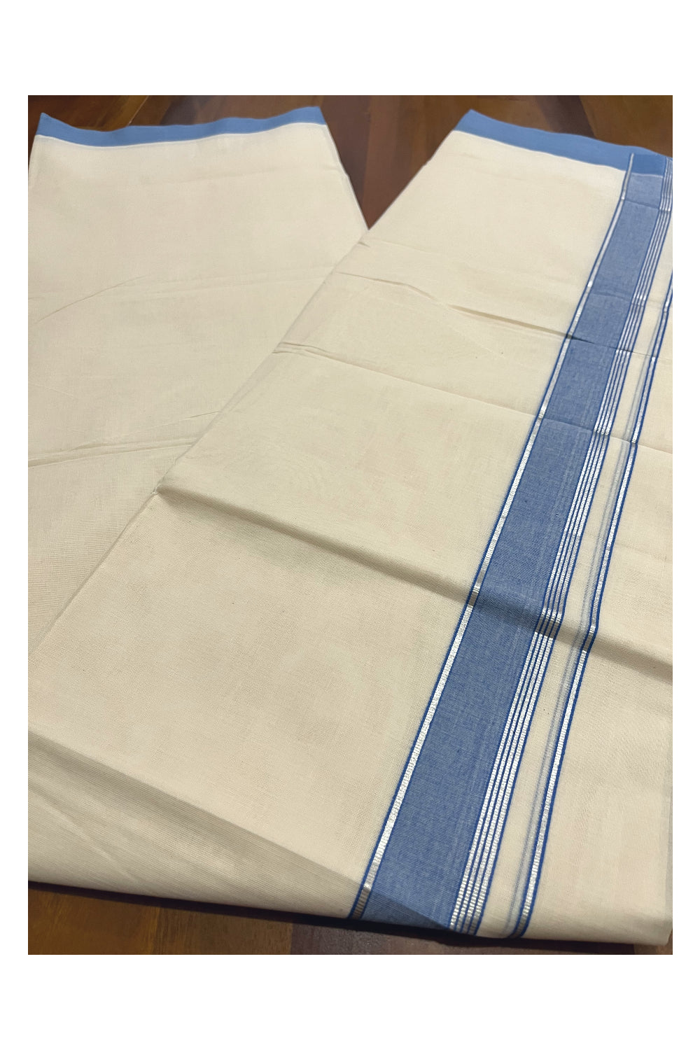 Pure Cotton 100x100 Double Mundu with Blue and Silver Kasavu Border (Onam Mundu 2023)