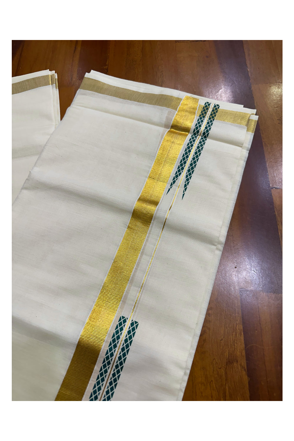 Kerala Pure Cotton Double Mundu with Green Chutti Printed Designs on Kasavu Border (South Indian Kerala Dhoti)