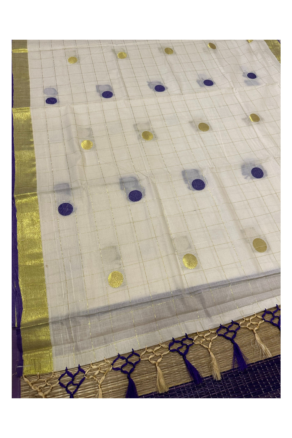 Southloom Blue and Golden Polka Dot Handloom Finish Kasavu Saree (Onam Saree 2023)