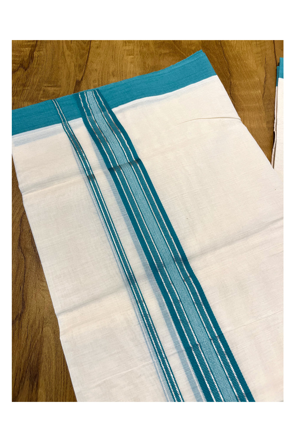 Pure Cotton Off White Double Mundu with Silver Kasavu and Green Kara (South Indian Kerala Dhoti)