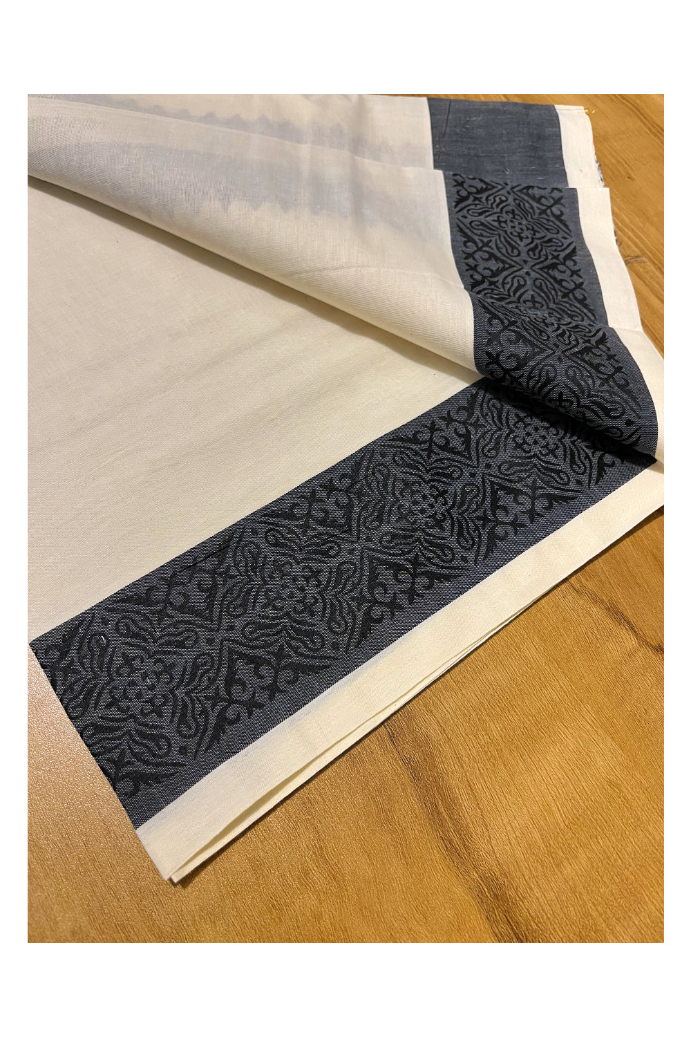 Kerala Cotton Single Set Mundu (Mundum Neriyathum) with Black  Temple Block printed  Border 2.80 mtr