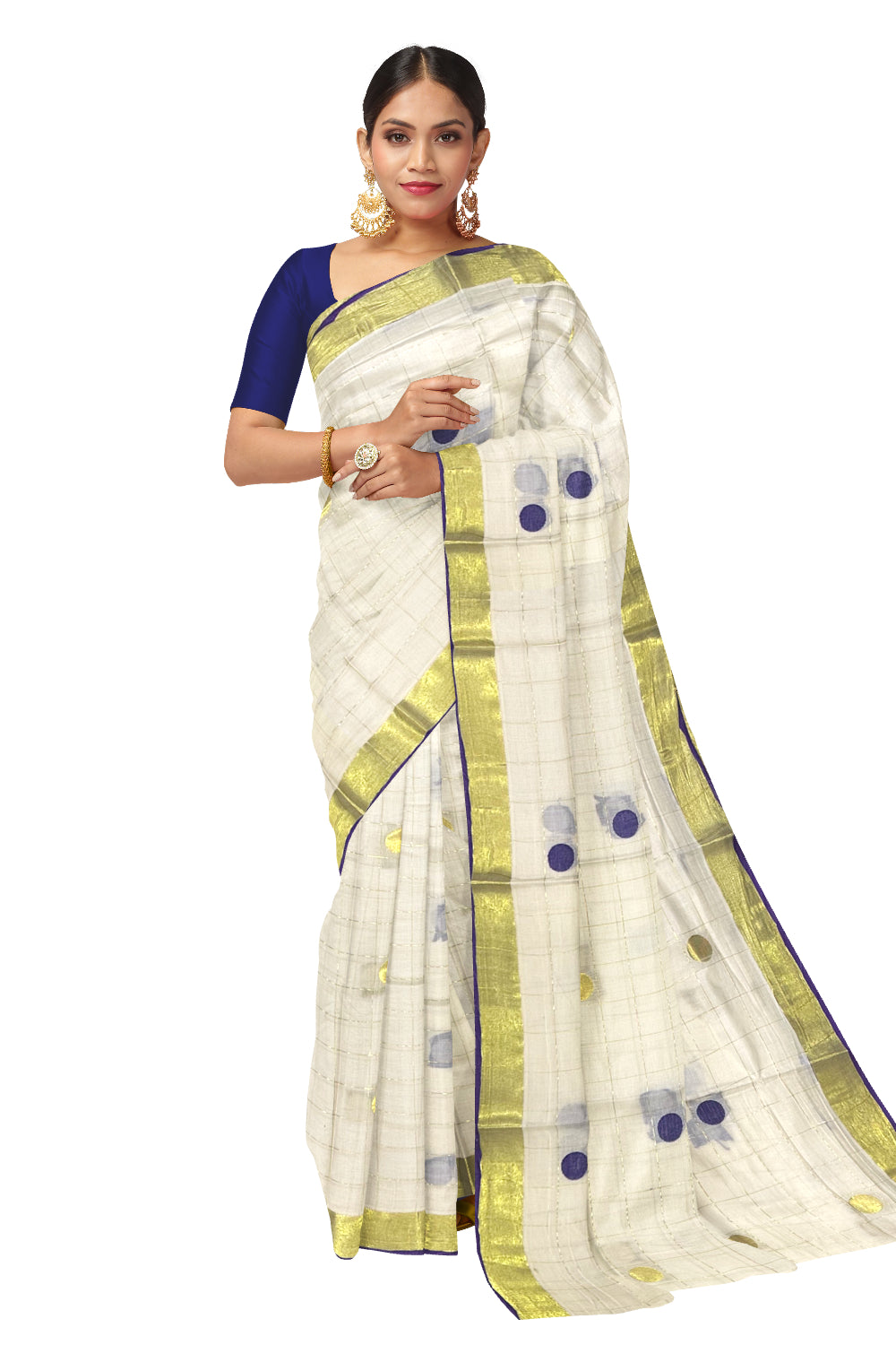 Southloom Blue and Golden Polka Dot Handloom Finish Kasavu Saree (Onam Saree 2023)