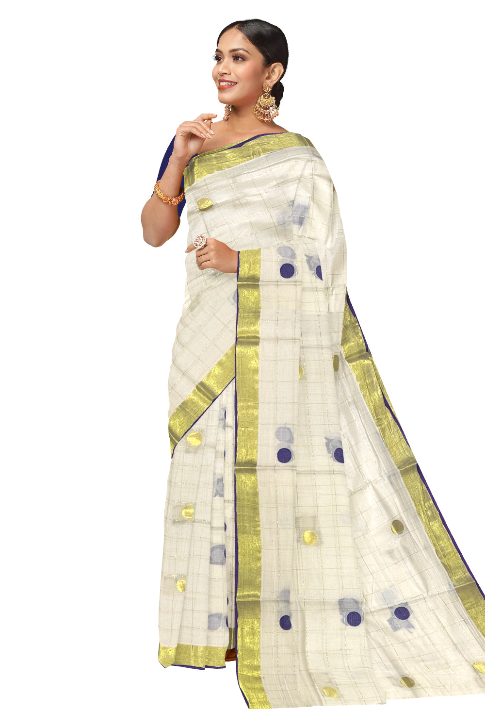 Southloom Blue and Golden Polka Dot Handloom Finish Kasavu Saree (Onam Saree 2023)