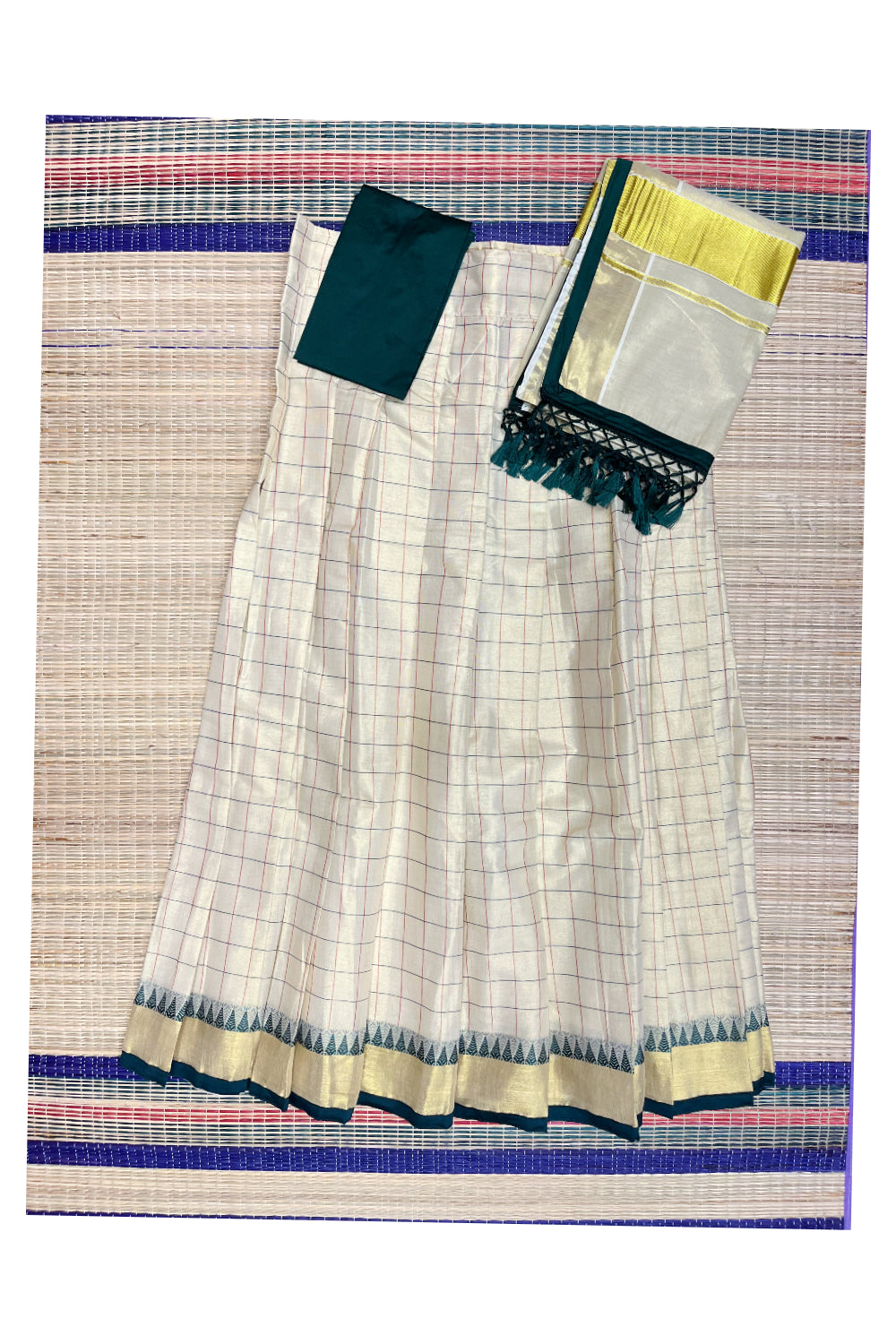 Kerala Tissue Semi Stitched Check Dhavani Set with Temple Block Print Pavada and Green Blouse Piece