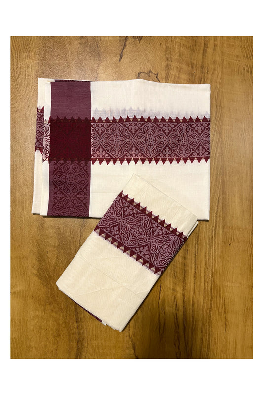 Kerala Cotton Single Set Mundu (Mundum Neriyathum) with Maroon Temple Block printed Border 2.80(mtr)