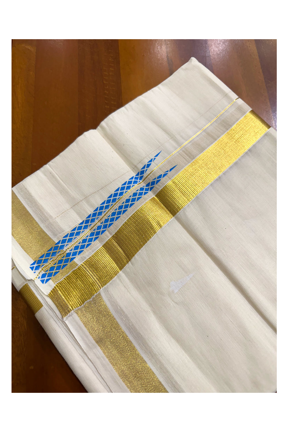 Kerala Pure Cotton Double Mundu with Blue Chutti Printed Designs on Kasavu Border (South Indian Kerala Dhoti)