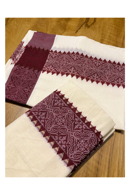 Kerala Cotton Single Set Mundu (Mundum Neriyathum) with Maroon Temple Block printed Border 2.80(mtr)