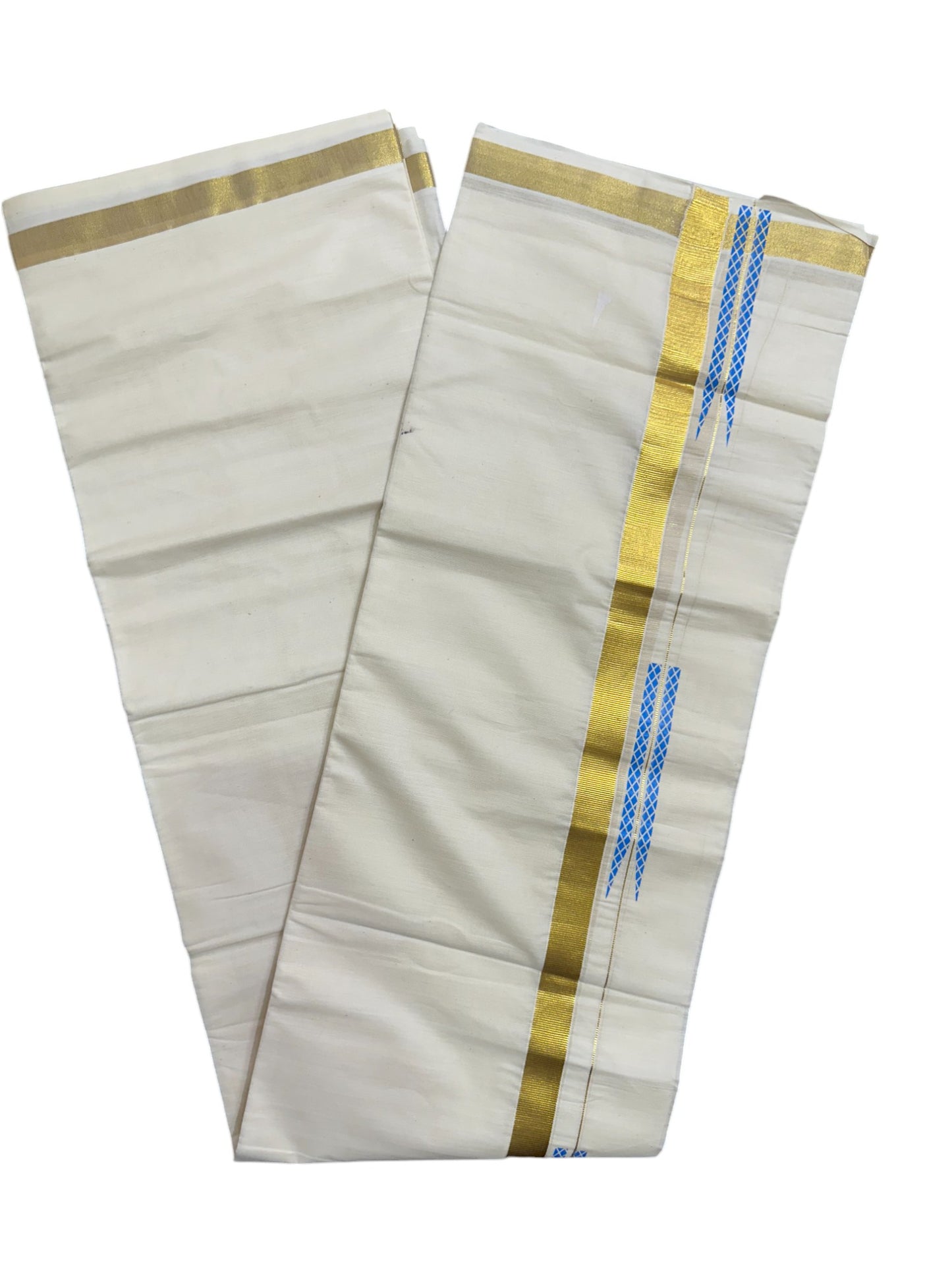 Kerala Pure Cotton Double Mundu with Blue Chutti Printed Designs on Kasavu Border (South Indian Kerala Dhoti)