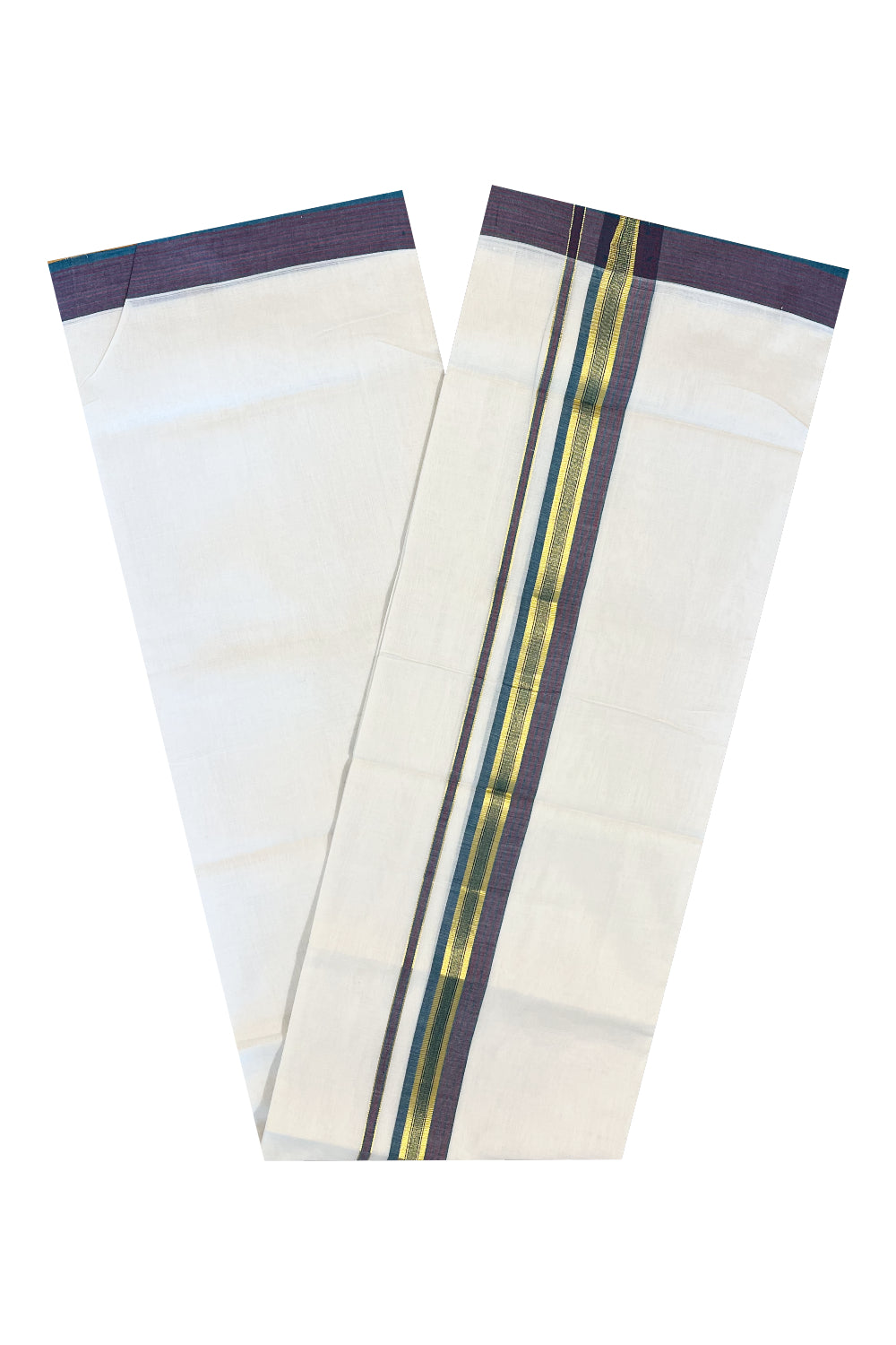 Southloom Premium Handloom Cotton Double Mundu with Kasavu And Green Maroon Border