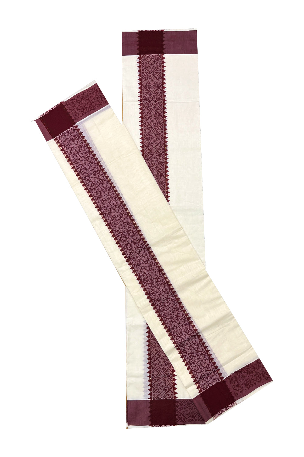 Kerala Cotton Single Set Mundu (Mundum Neriyathum) with Maroon Temple Block printed Border 2.80(mtr)