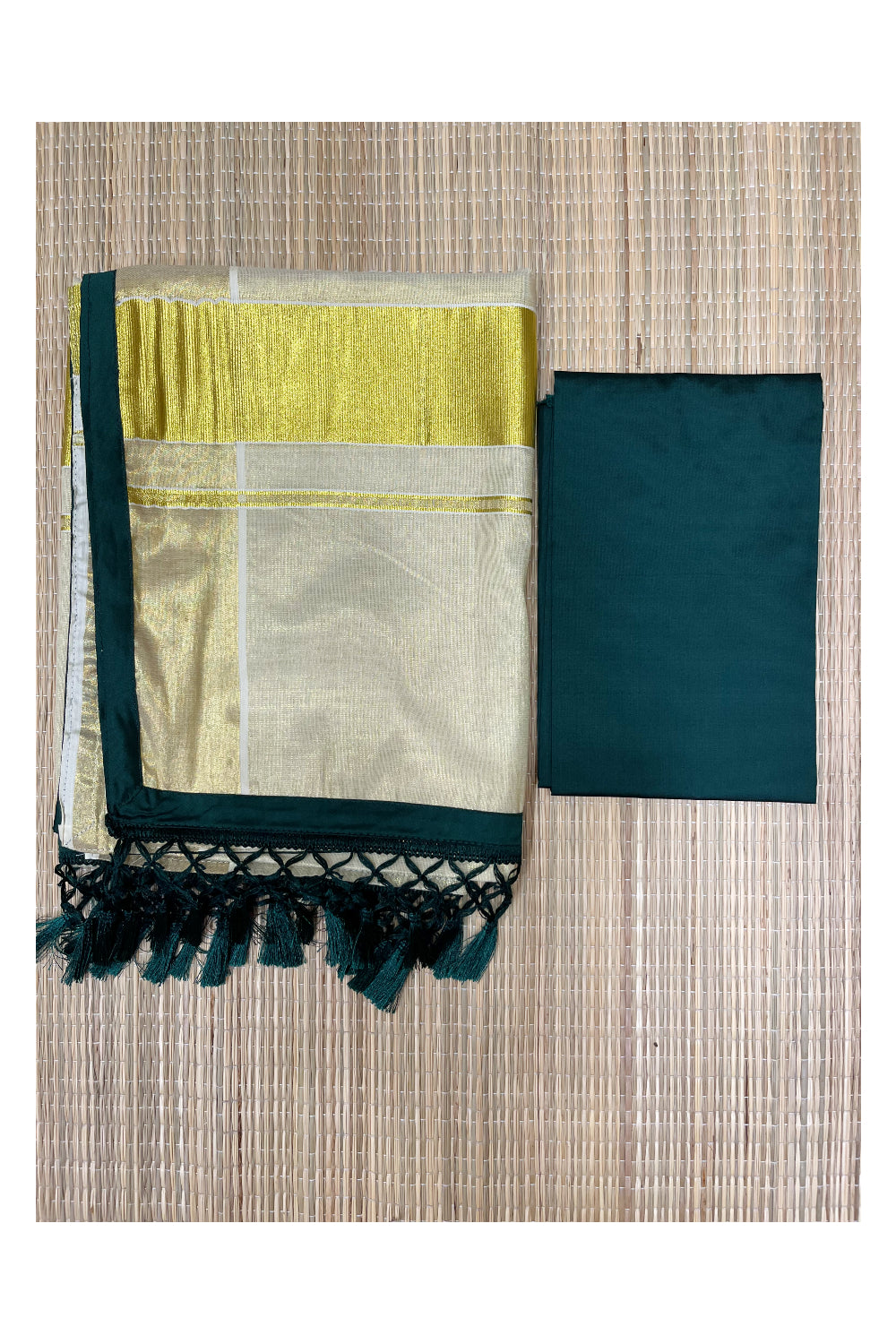 Kerala Tissue Semi Stitched Check Dhavani Set with Temple Block Print Pavada and Green Blouse Piece