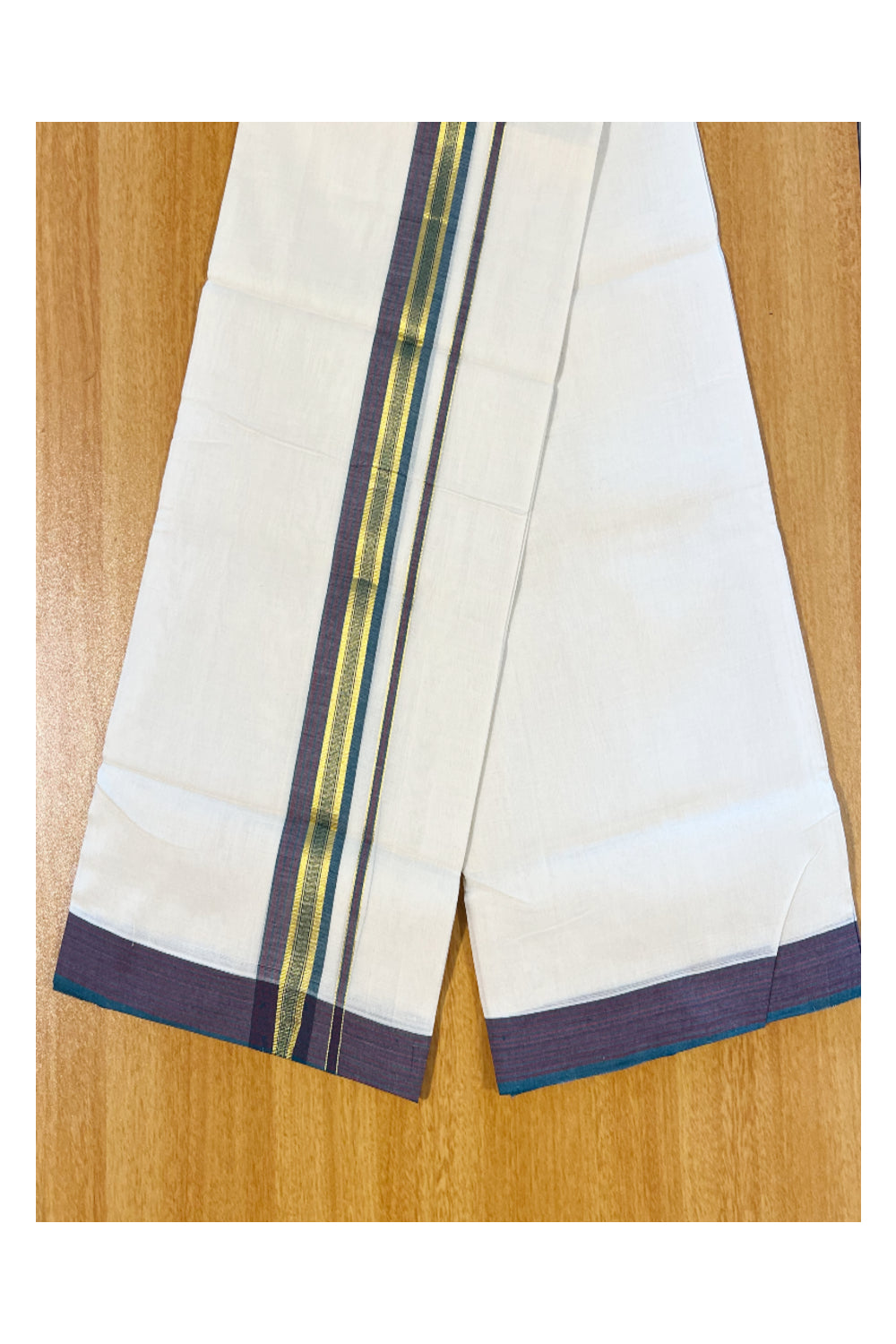 Southloom Premium Handloom Cotton Double Mundu with Kasavu And Green Maroon Border