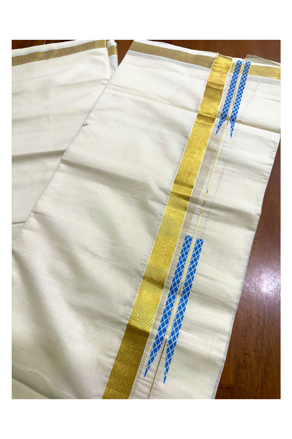 Kerala Pure Cotton Double Mundu with Blue Chutti Printed Designs on Kasavu Border (South Indian Kerala Dhoti)