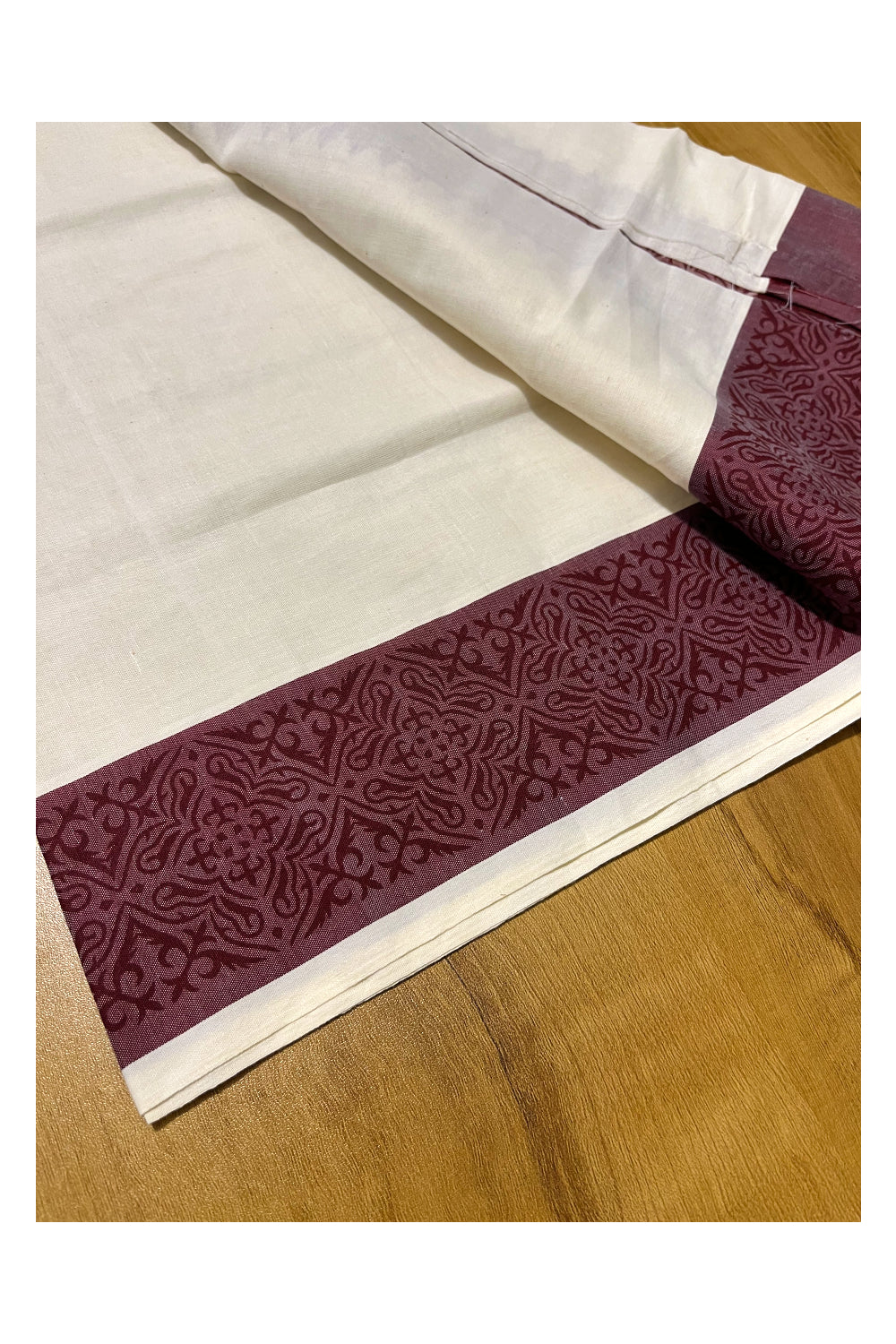 Kerala Cotton Single Set Mundu (Mundum Neriyathum) with Maroon Temple Block printed Border 2.80(mtr)