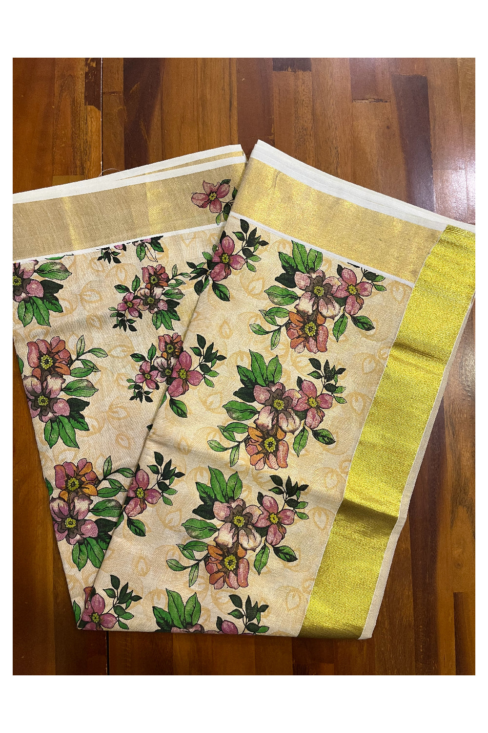 Kerala Tissue Saree with Floral Block Printed Designs with Kasavu Border