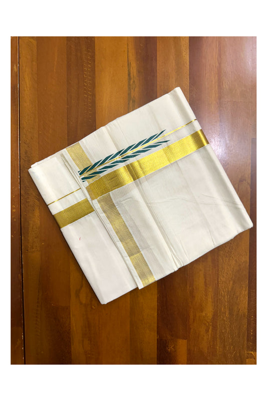 Kerala Pure Cotton Double Mundu with Green Chutti Printed Designs on Kasavu Border (South Indian Kerala Dhoti)