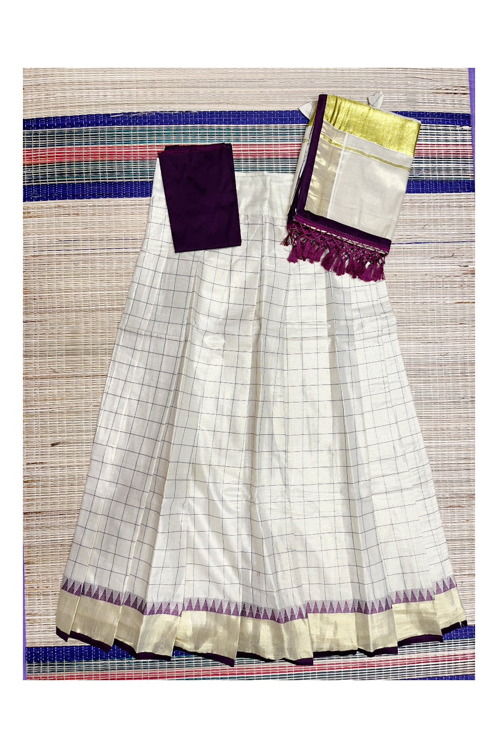 Kerala Tissue Semi Stitched Check Dhavani Set with Temple Block Print Pavada and Violet Blouse Piece