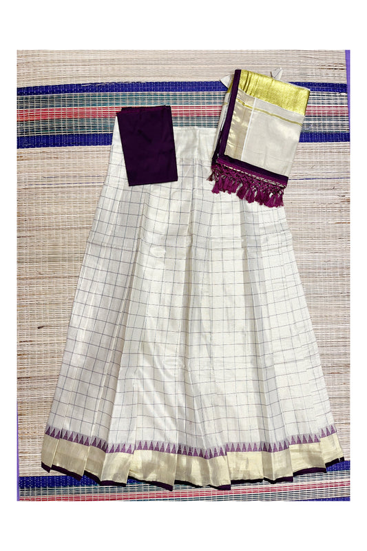 Kerala Tissue Semi Stitched Check Dhavani Set with Temple Block Print Pavada and Violet Blouse Piece