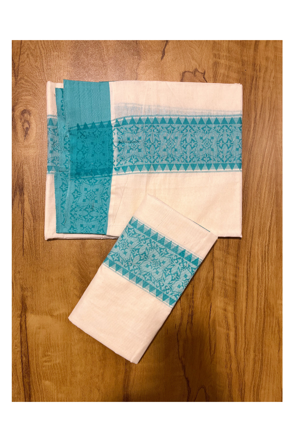 Kerala Cotton Single Set Mundu (Mundum Neriyathum) with Blue Temple Block printed Border