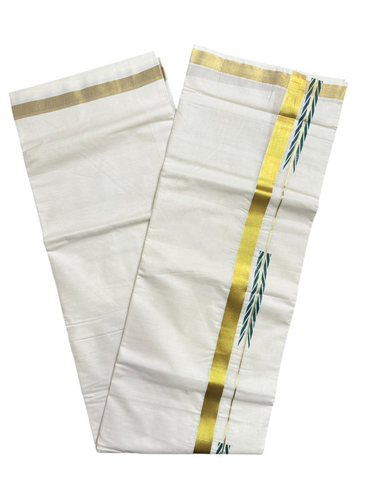 Kerala Pure Cotton Double Mundu with Green Chutti Printed Designs on Kasavu Border (South Indian Kerala Dhoti)