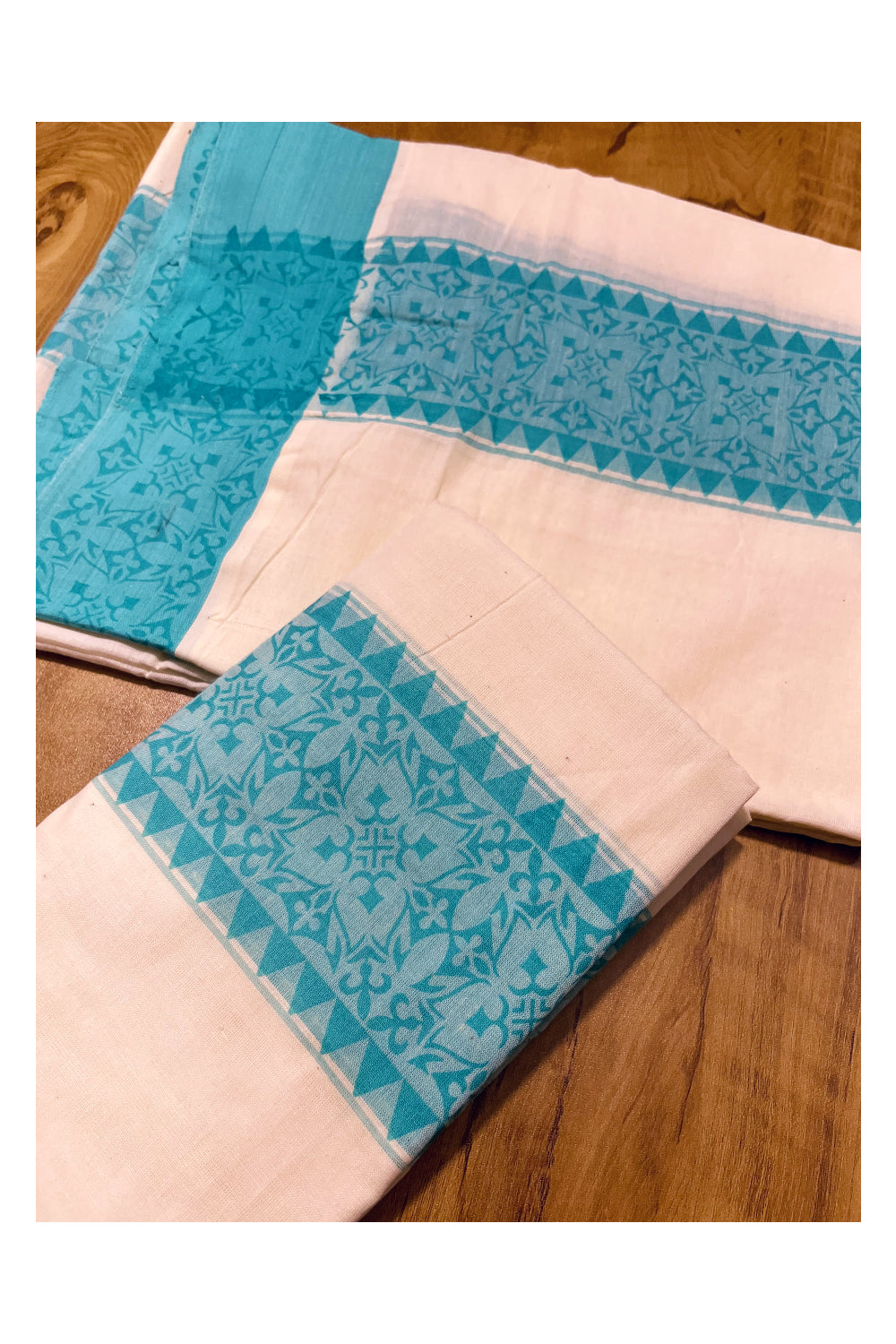 Kerala Cotton Single Set Mundu (Mundum Neriyathum) with Blue Temple Block printed Border