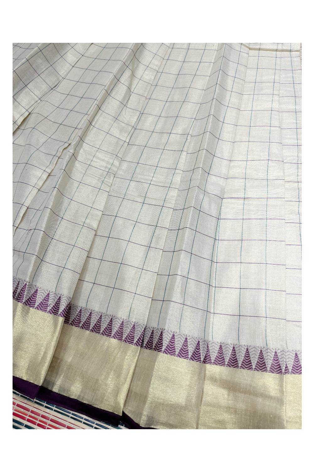 Kerala Tissue Semi Stitched Check Dhavani Set with Temple Block Print Pavada and Violet Blouse Piece