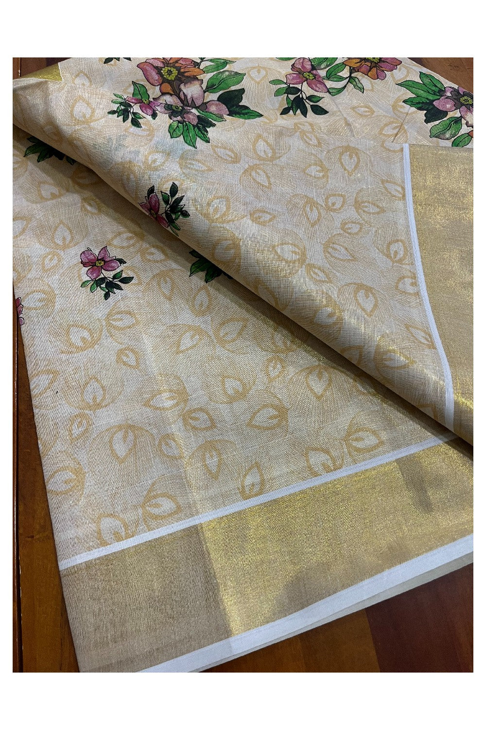 Kerala Tissue Saree with Floral Block Printed Designs with Kasavu Border