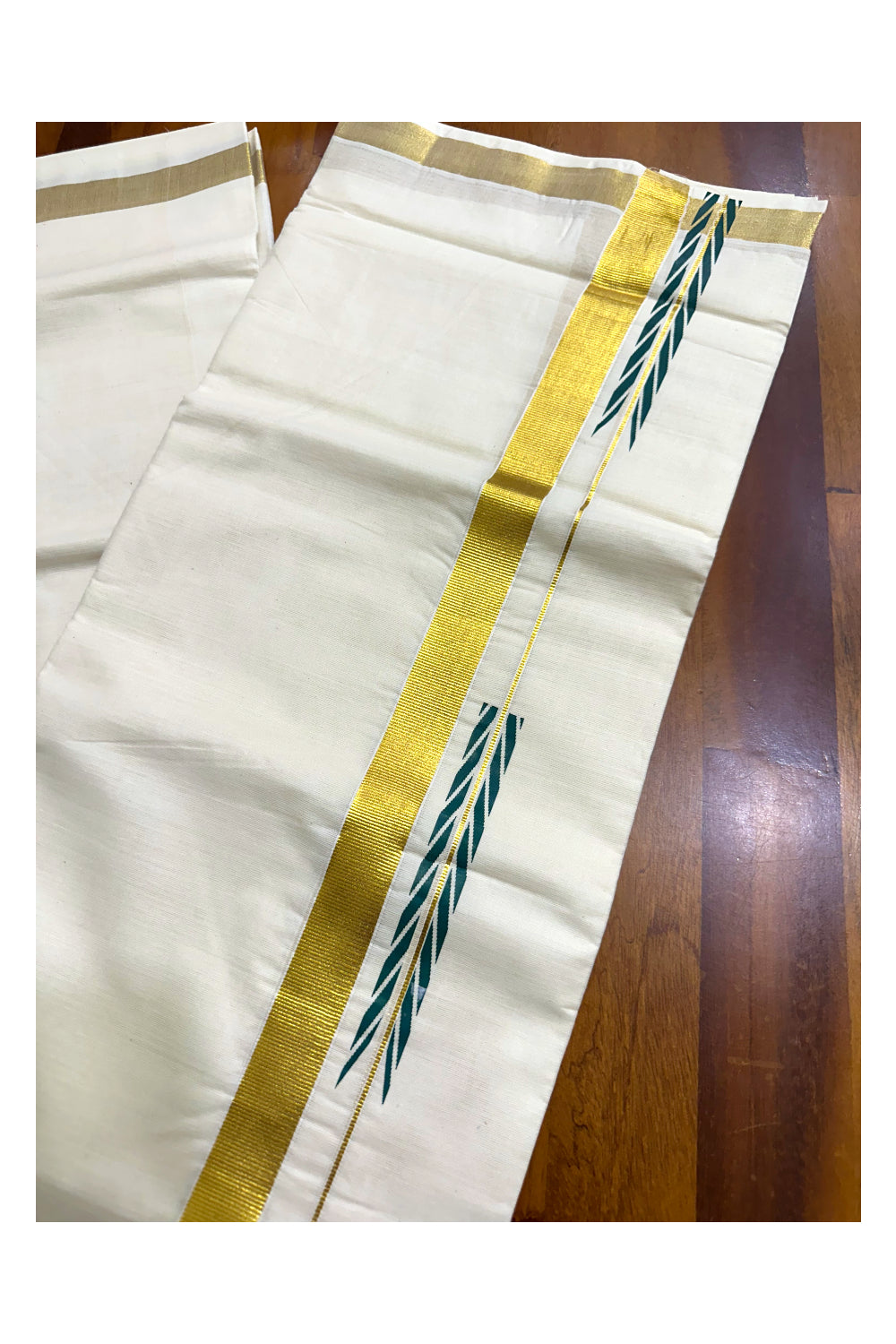 Kerala Pure Cotton Double Mundu with Green Chutti Printed Designs on Kasavu Border (South Indian Kerala Dhoti)