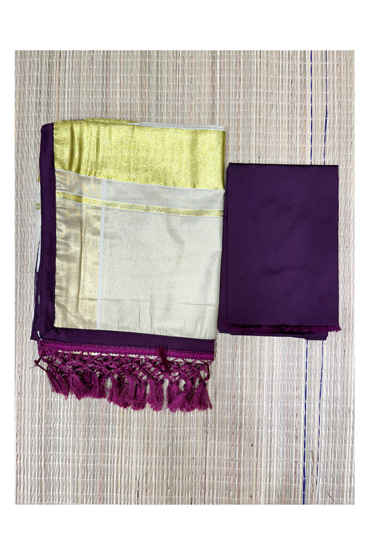 Kerala Tissue Semi Stitched Check Dhavani Set with Temple Block Print Pavada and Violet Blouse Piece