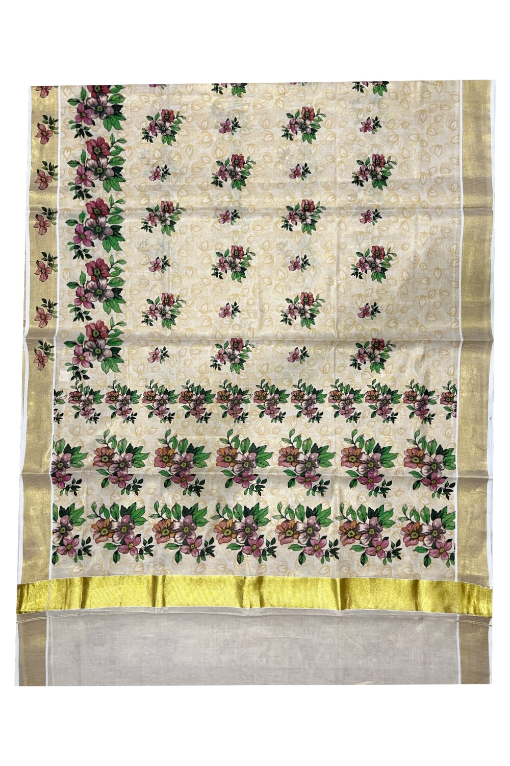 Kerala Tissue Saree with Floral Block Printed Designs with Kasavu Border