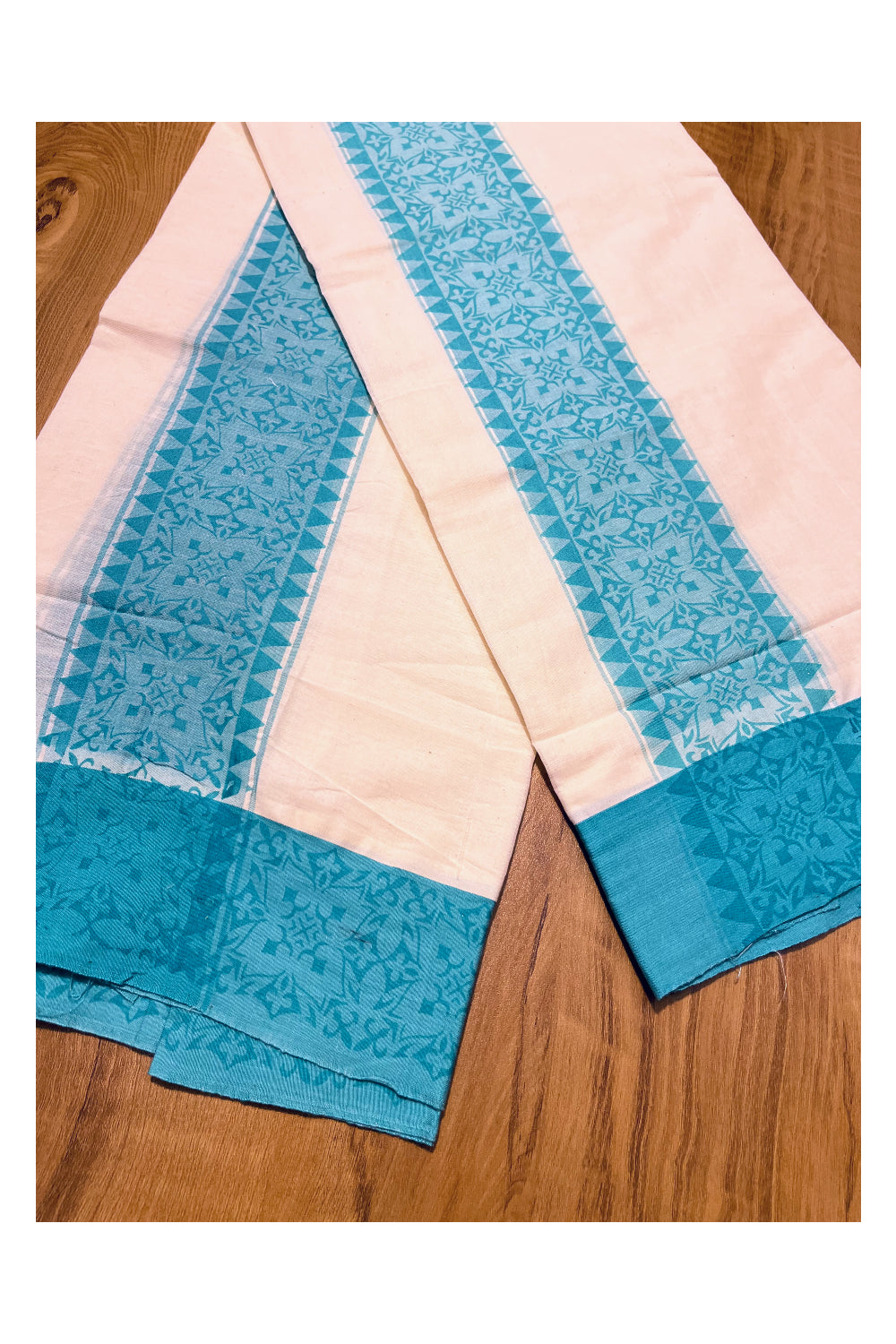 Kerala Cotton Single Set Mundu (Mundum Neriyathum) with Blue Temple Block printed Border