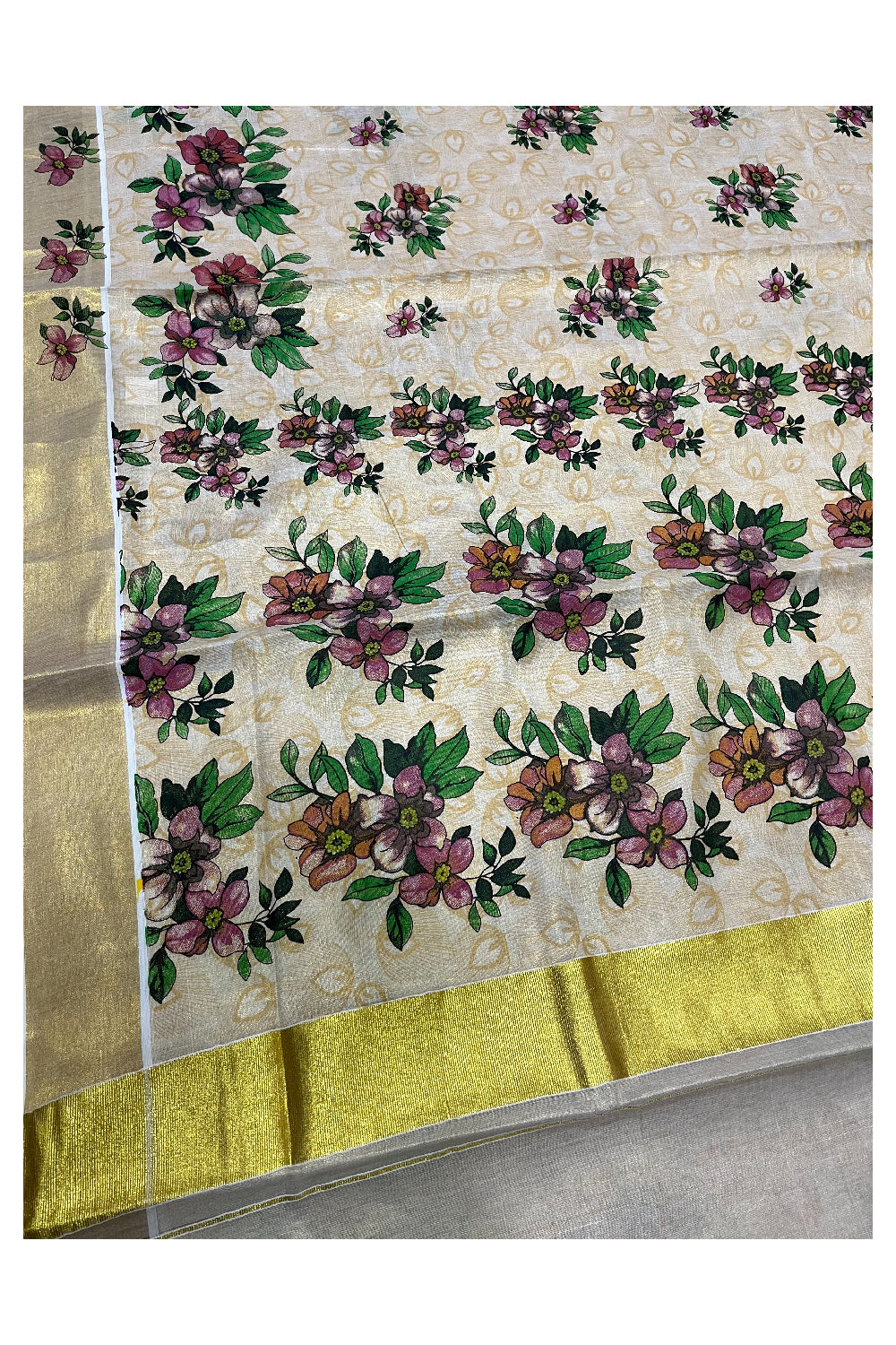 Kerala Tissue Saree with Floral Block Printed Designs with Kasavu Border