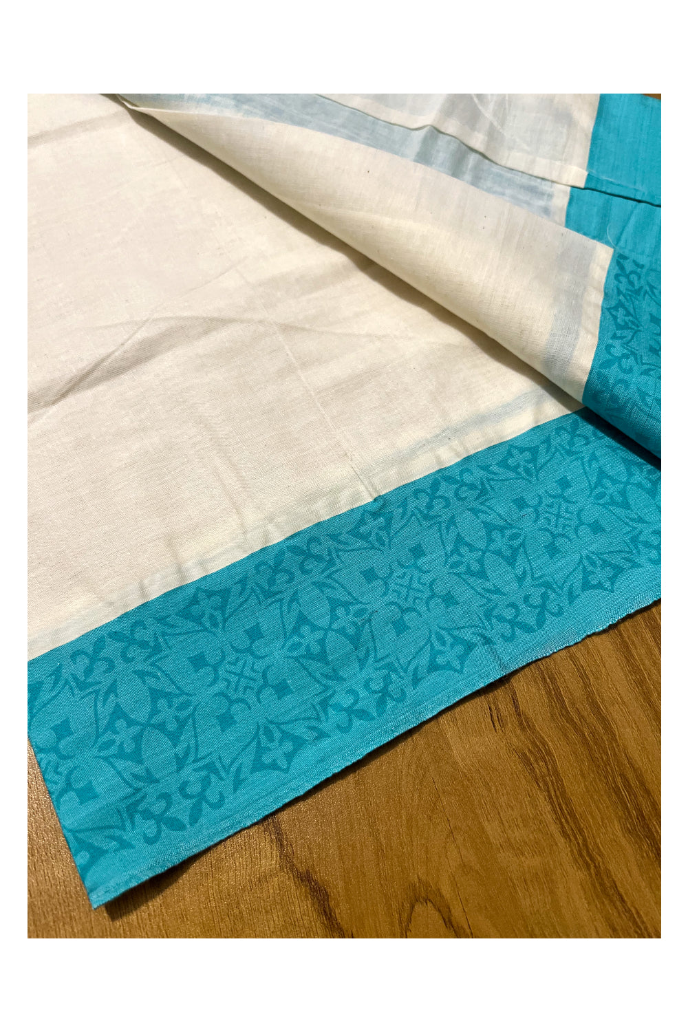 Kerala Cotton Single Set Mundu (Mundum Neriyathum) with Blue Temple Block printed Border