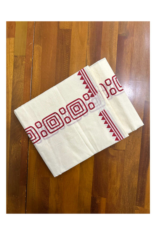 Pure Cotton Off White Double Mundu with Red Block Prints On Border (South Indian Kerala Dhoti)