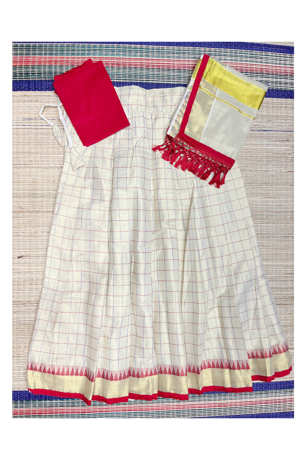 Kerala Tissue Semi Stitched Check Dhavani Set with Temple Block Print Pavada and Red Blouse Piece