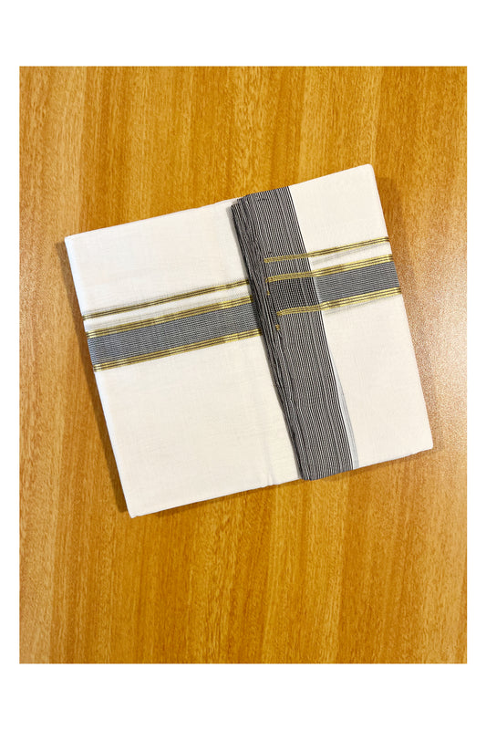 Southloom Premium Handloom Cotton Double Mundu with Kasavu And Brown Lines Border