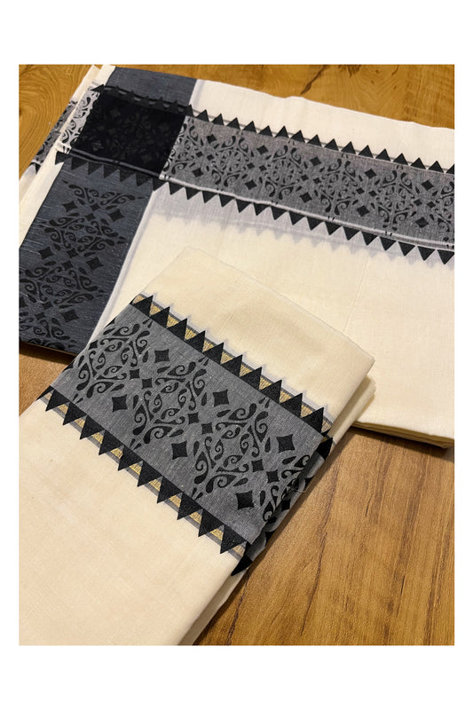 Kerala Cotton Single Set Mundu (Mundum Neriyathum) with Black Temple Block printed Border 2.80 mtr