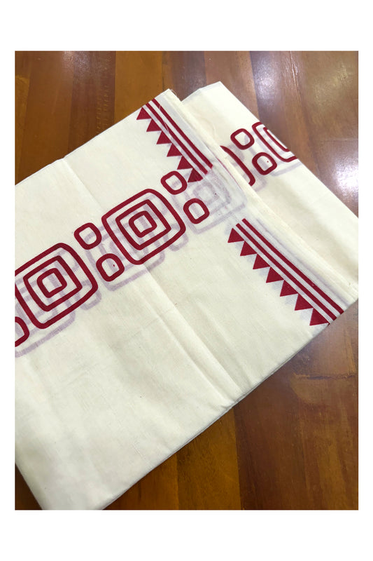 Pure Cotton Off White Double Mundu with Red Block Prints On Border (South Indian Kerala Dhoti)