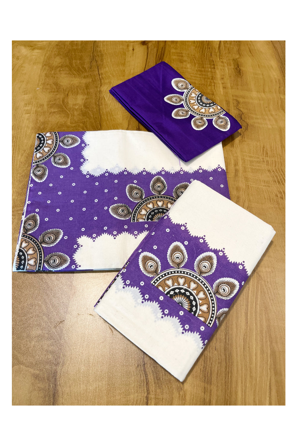 Kerala Cotton Single Set Mundu (Mundum Neriyathum) with Mural Prints on Violet Border And Matching Blouse Piece (2.80 Mtrs)