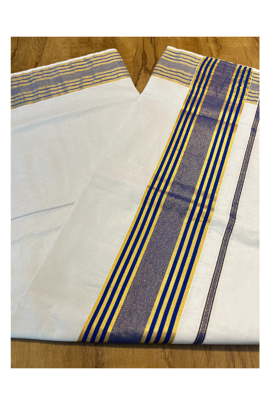 Pure Cotton Kerala Saree with Dark Blue and Kasavu Lines Border and Pallu