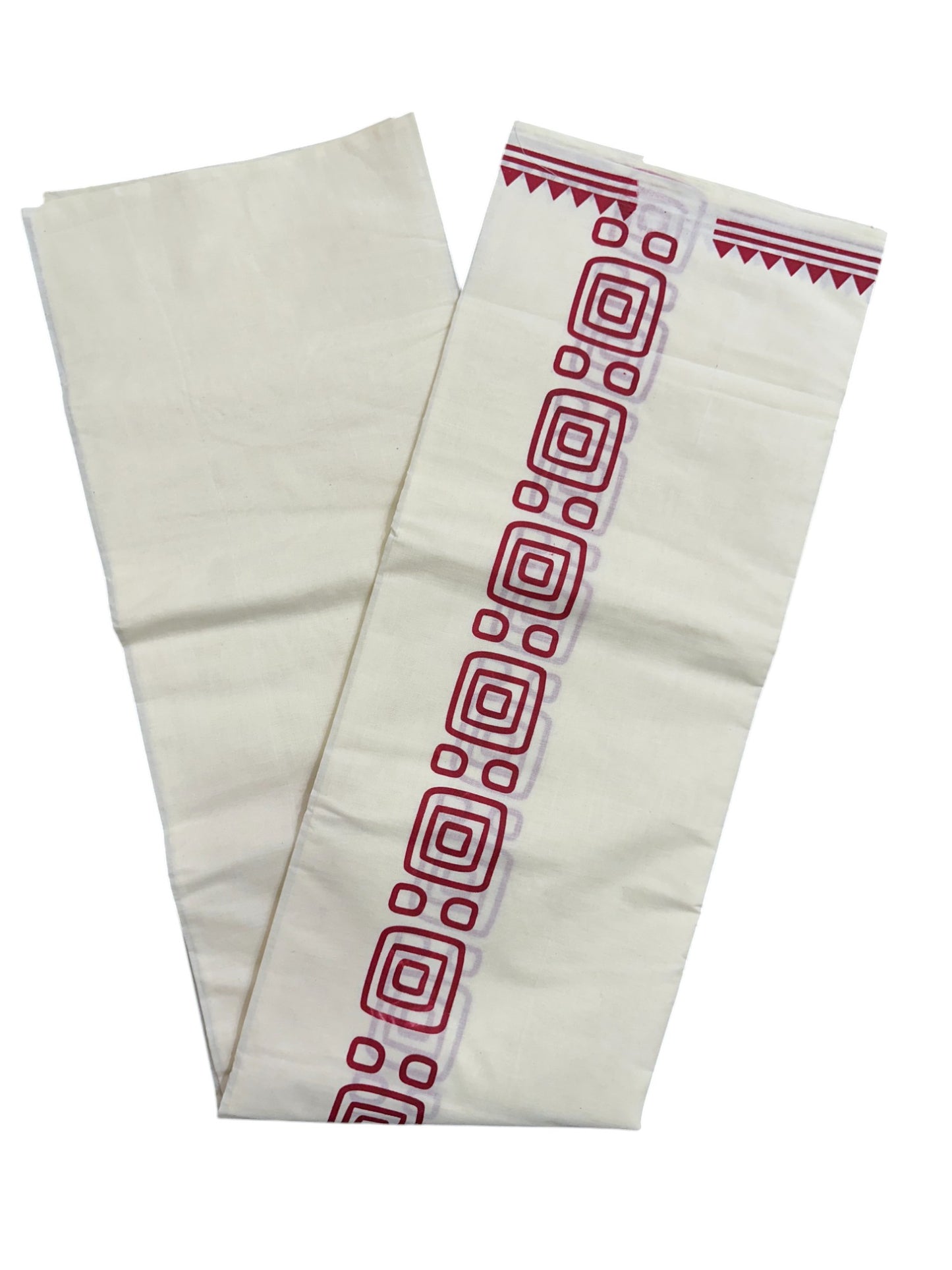 Pure Cotton Off White Double Mundu with Red Block Prints On Border (South Indian Kerala Dhoti)