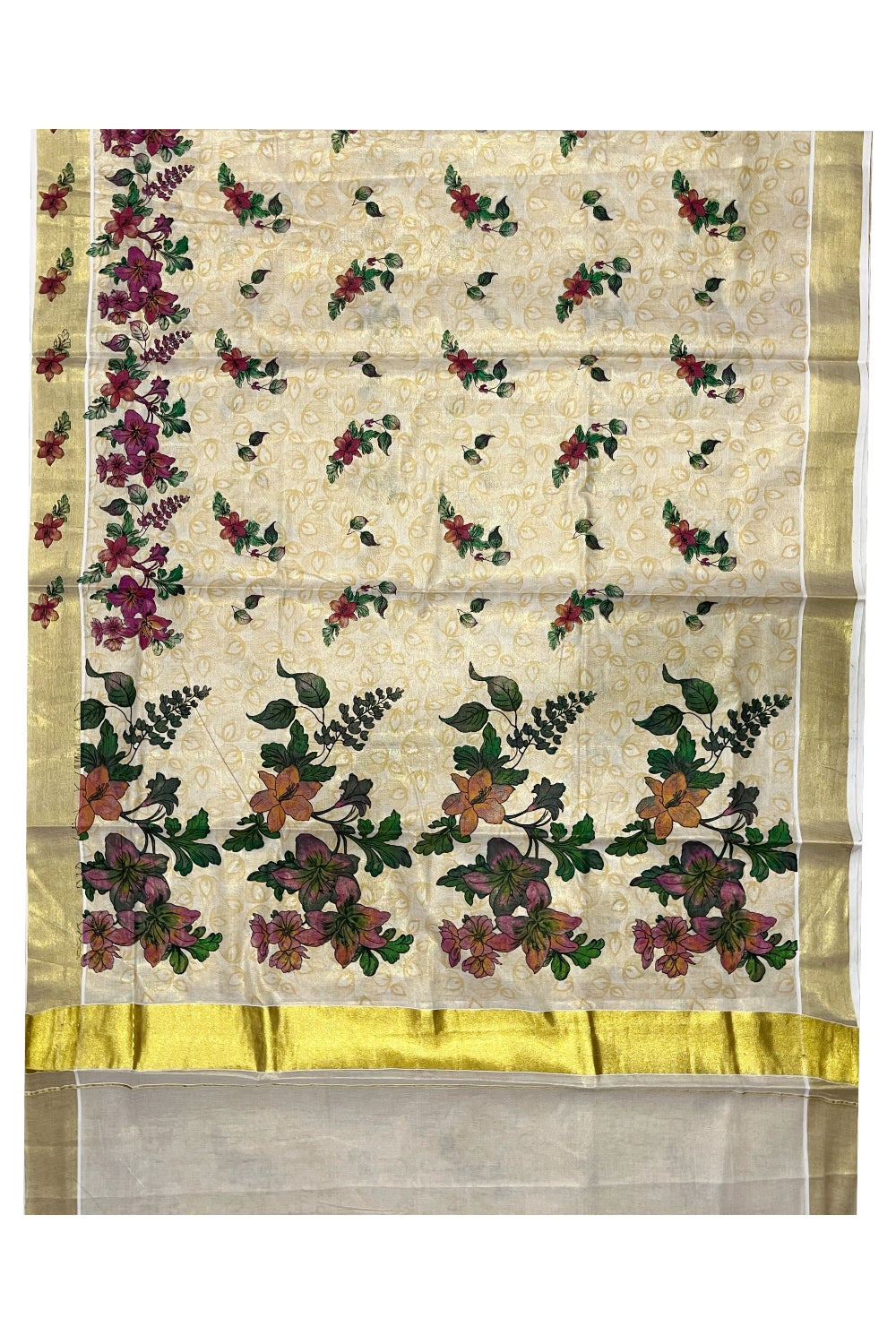 Kerala Tissue Saree with Floral Block Printed Designs with Kasavu Border