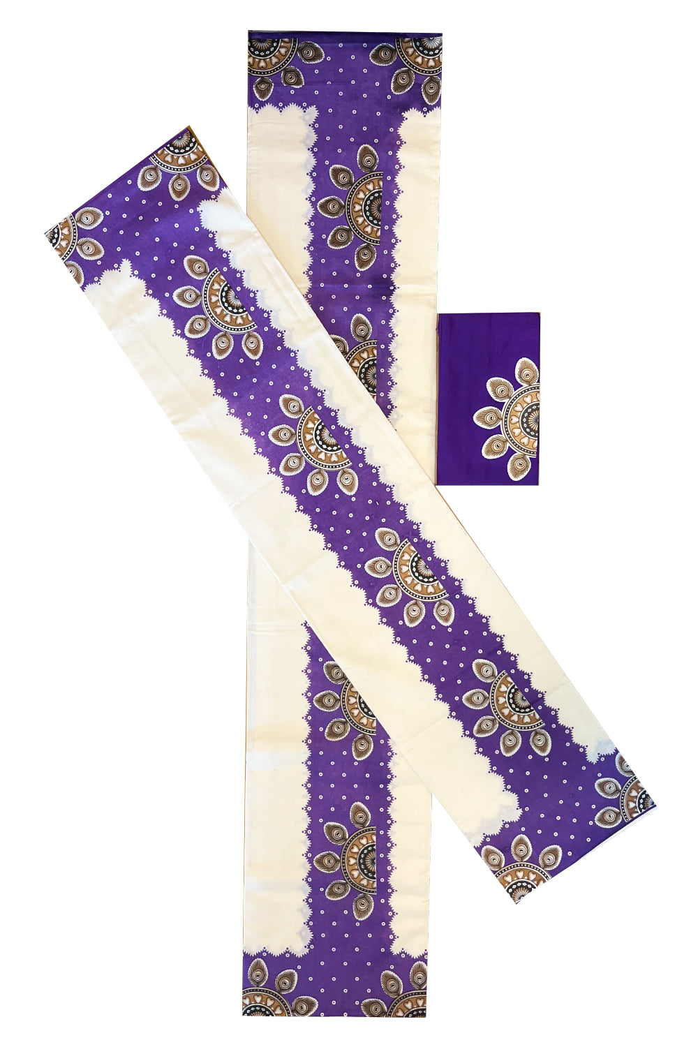 Kerala Cotton Single Set Mundu (Mundum Neriyathum) with Mural Prints on Violet Border And Matching Blouse Piece (2.80 Mtrs)