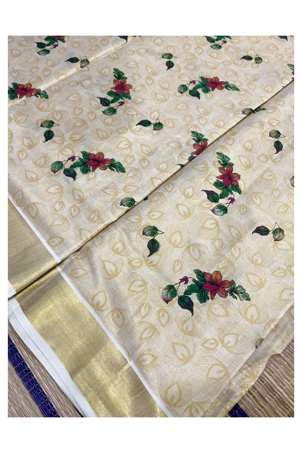 Kerala Tissue Saree with Floral Block Printed Designs with Kasavu Border