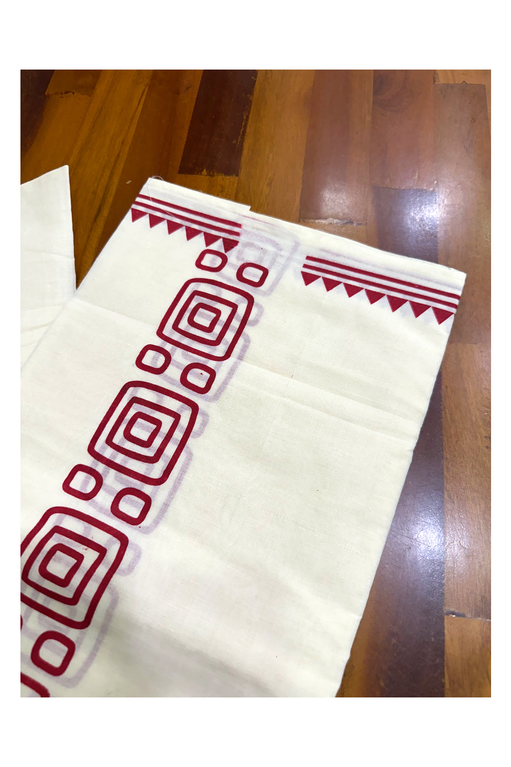 Pure Cotton Off White Double Mundu with Red Block Prints On Border (South Indian Kerala Dhoti)