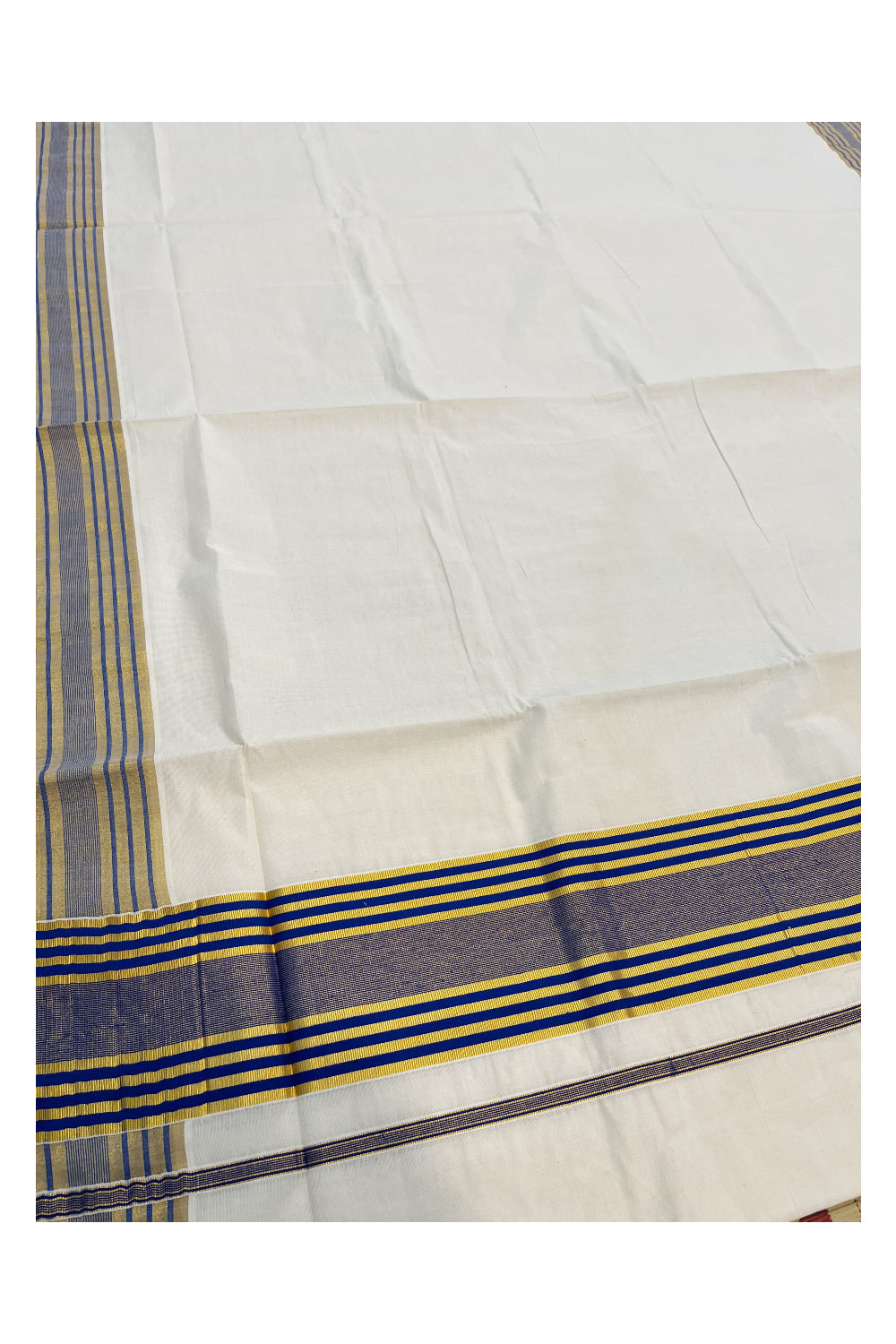 Pure Cotton Kerala Saree with Dark Blue and Kasavu Lines Border and Pallu