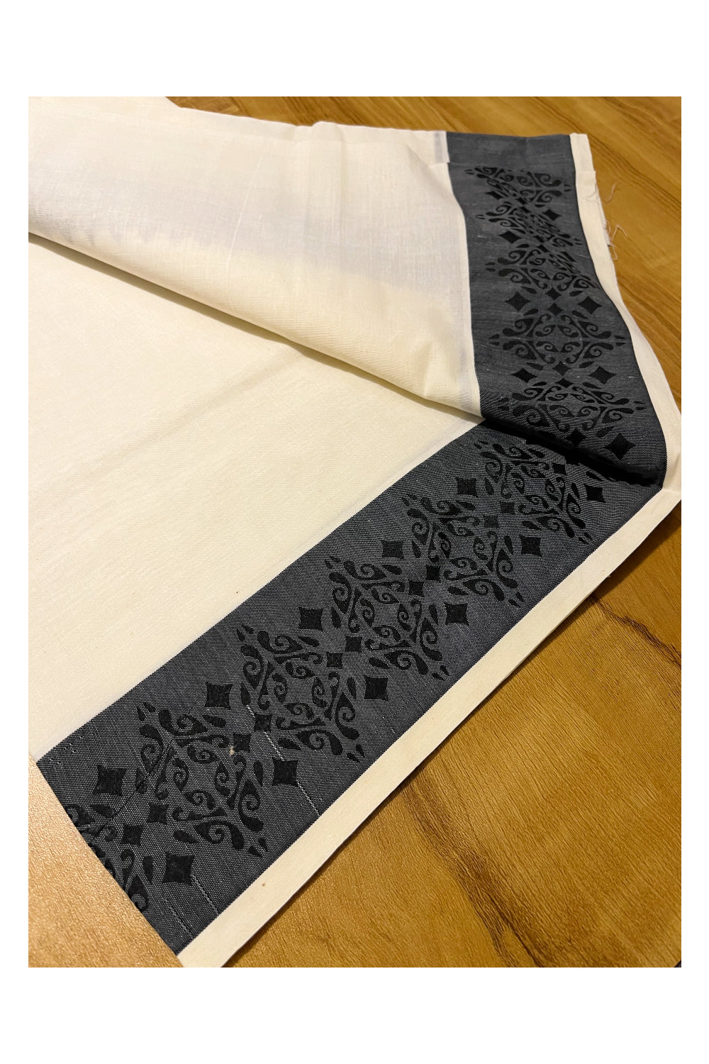 Kerala Cotton Single Set Mundu (Mundum Neriyathum) with Black Temple Block printed Border 2.80 mtr