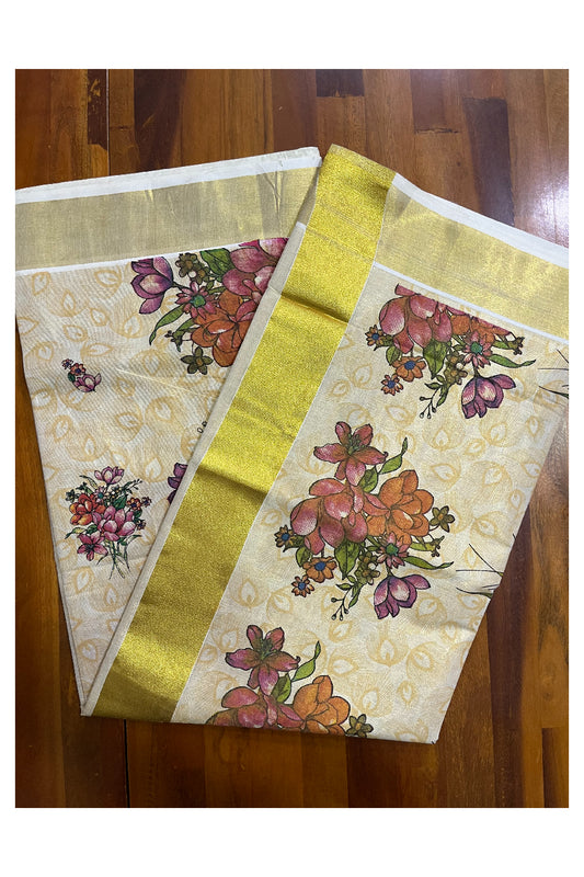 Kerala Tissue Saree with Floral Block Printed Designs with Kasavu Border